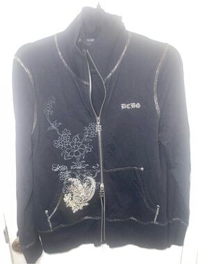 EUC BCBG Black Embroidered Zip-Front Jacket